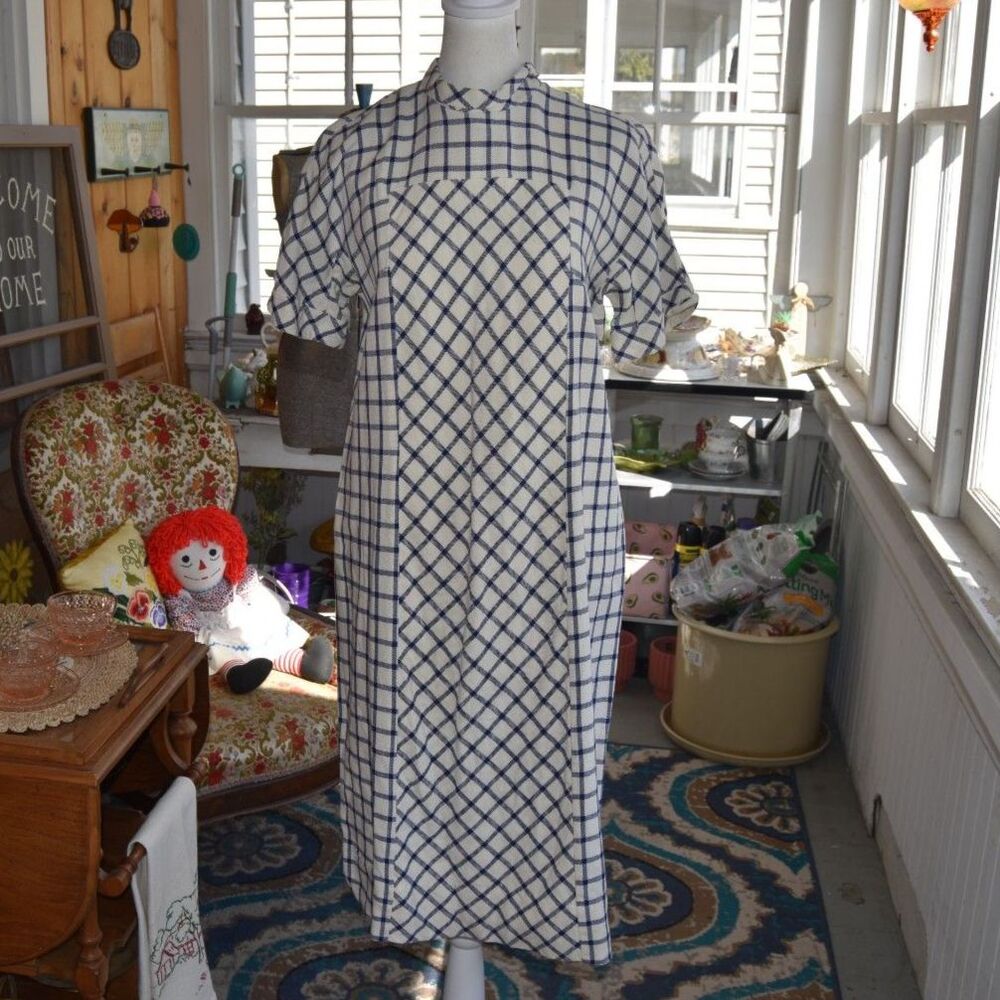 Vintage 60s Blue White Plaid Shift Dress Roberta Lee Mod House Dress M